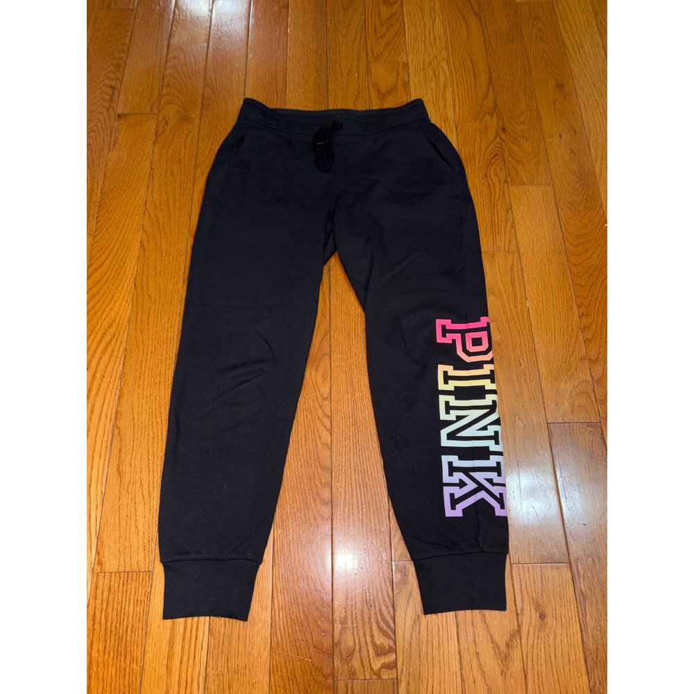 Victoria's Secret PINK Black Rainbow Logo Jogger Sweatpants Small Fleece Pockets